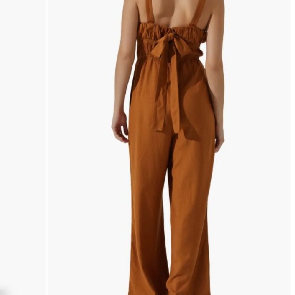 ASTR The Label Mocha Shirred Wide Leg Linen Blend Jumpsuit Brown Medium - Picture 3 of 15